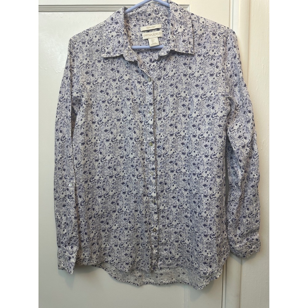 Cynthia Rowley Linen Floral Button Down‎ Shirt Purple White Long Sleeve Top